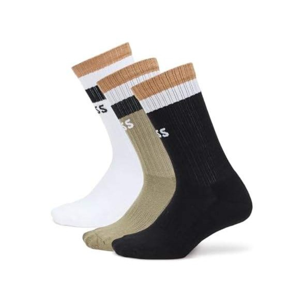 Hugo Boss Mens 3 Pack Crew Socks Black White Tan Striped Logo Athletic 50492655